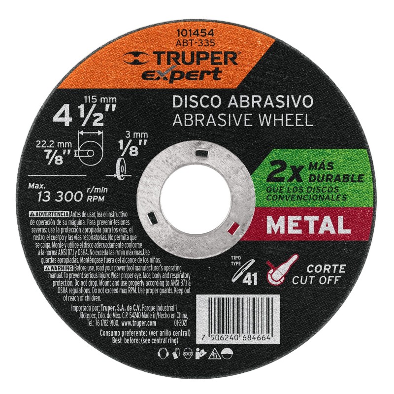 Disco para Corte de Metal 4-1/2" Tipo 41 Truper Expert